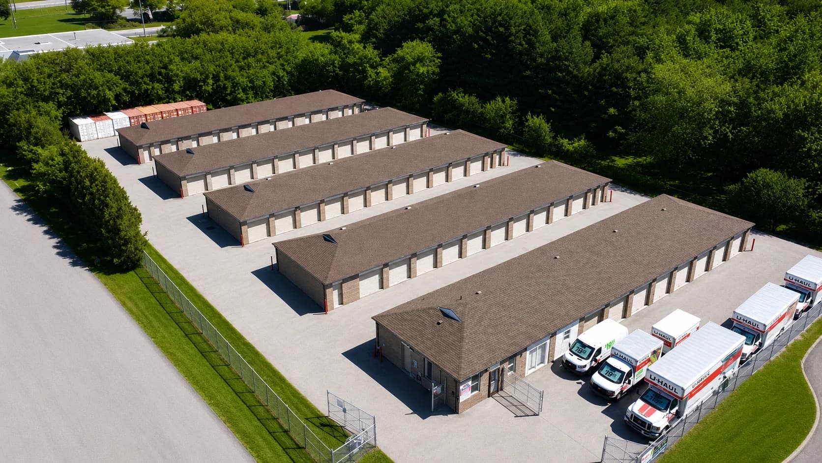 Aerial view of the storage buildings and U-Haul trucks at Ancaster Mini Storage and U-Haul, Hamilton, Ontario