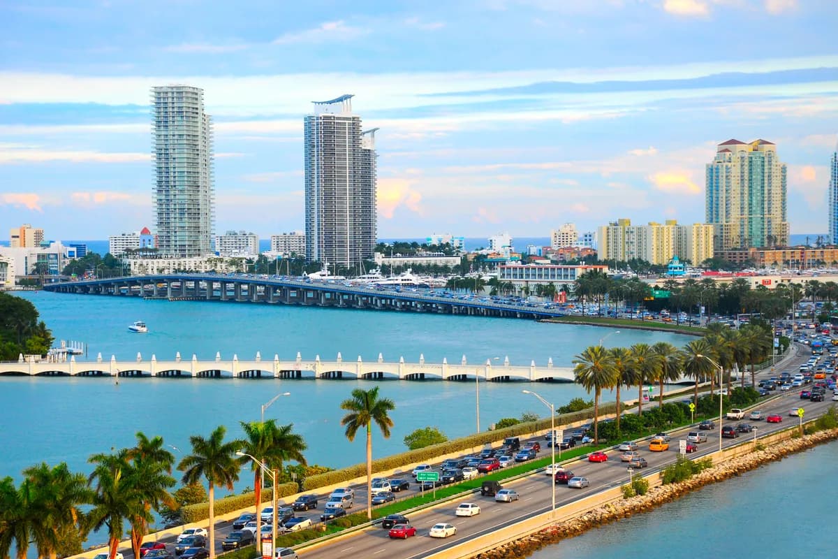 Miami from the air, with the causeway traffic