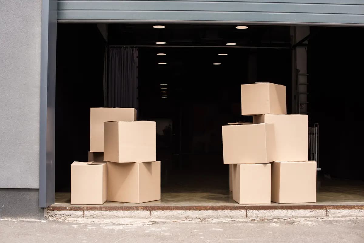 Boxes stacked near loading dock doors