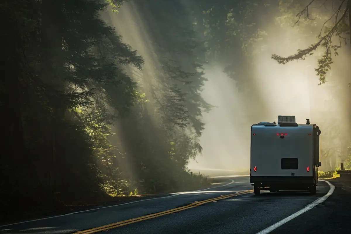 An RV travel trailer on a coastal road