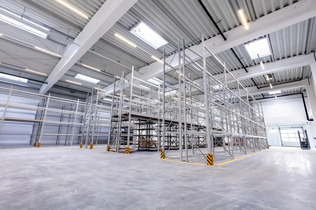 A warehouse aisle with empty shelves