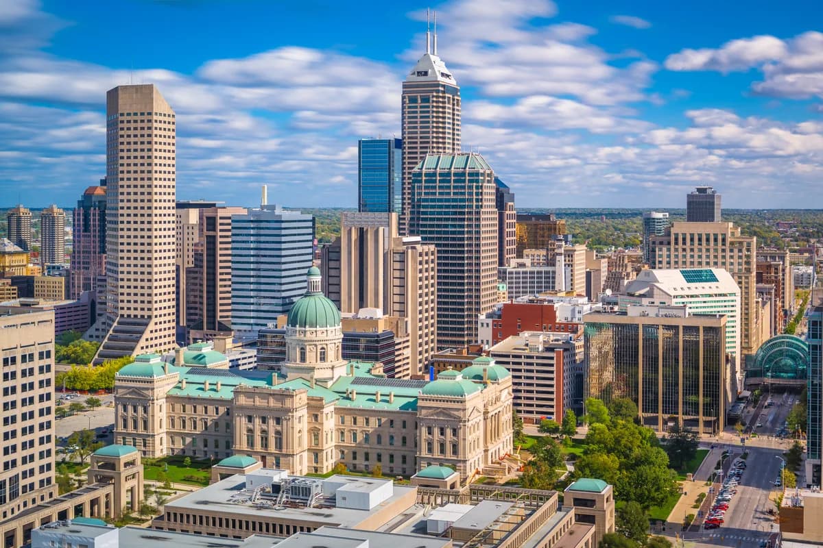The Indianapolis skyline with the state capitol dome below it
