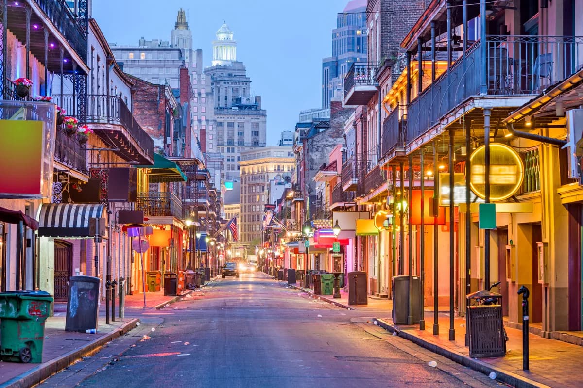 A French Quarter street in New Orleans at night