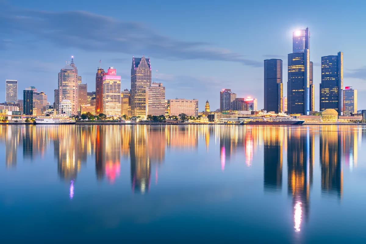 The Detroit skyline at dawn across the river