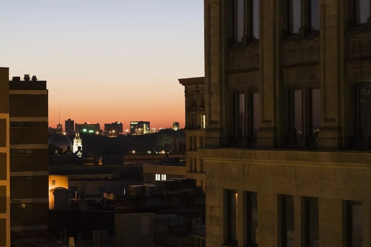 Old Montreal's stone office buildings at sunrise