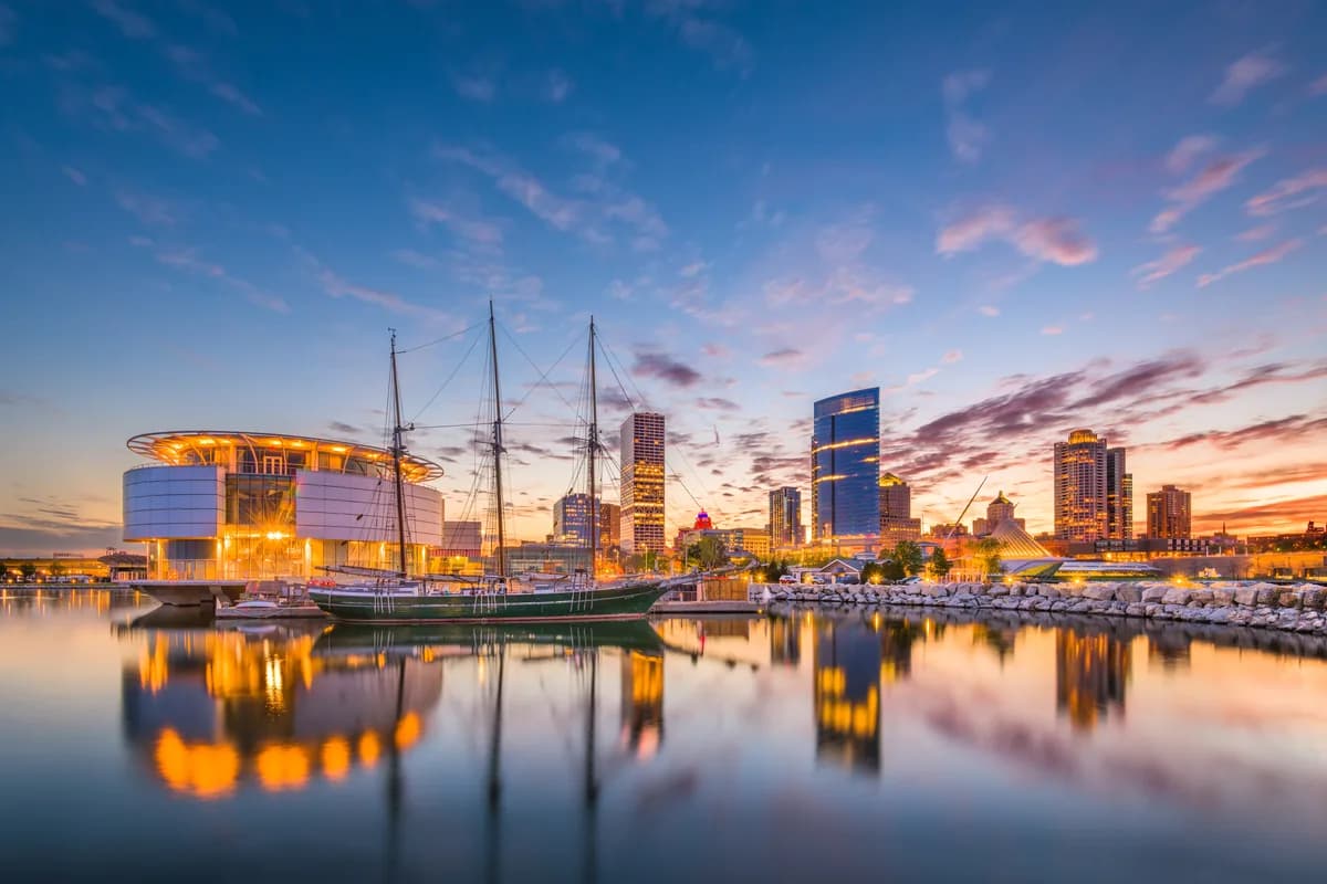 Milwaukee's harbour at sunset, with the skyline behind